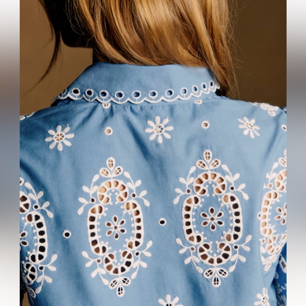 🌼Sezane ELVIRA BLOUSE in CREAM Blue CHAMBRAY Embroidered Button-Up Blouse - Picture 8 of 11